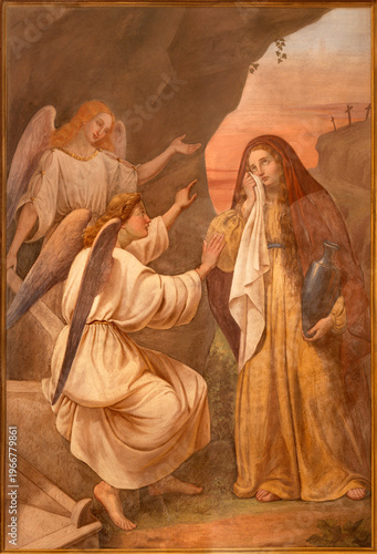  MONZA, ITALY - MARCH 19, 2026: The fresco of Mary of Magdalene at the lost tomb in church Chiesa della Santissima Trinita degli Artigianelli by Giovanni Briani from end of 19. cent.