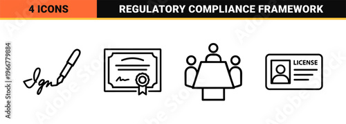 Legal Compliance and Regulatory Standards Outline Icons Featuring Minimalist Monoline Geometric Symbols for Corporate Governance and Law