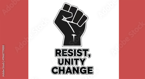 Retro protest poster vector with raised fist silhouette, red and white stripes background. Resist, unity, change slogan for activism branding