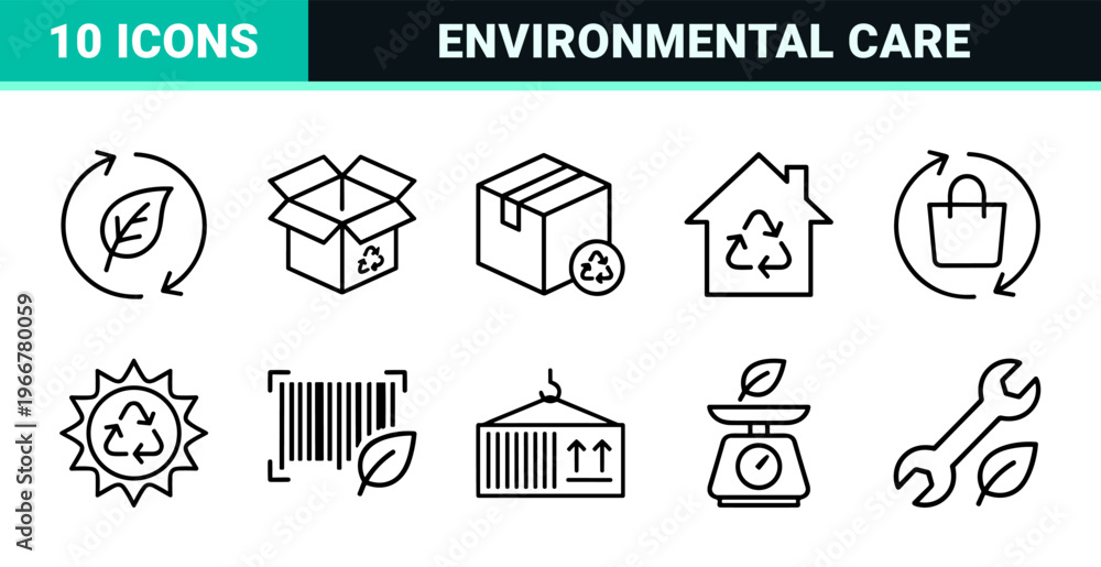Fototapeta premium Recycling and Environmental Sustainability Thin Line Icons Featuring Eco Friendly Waste Management and Circular Economy Symbols in Monoline Style