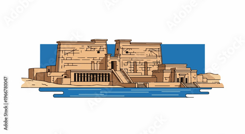 Ancient stone temple complex on the water with blue sky background