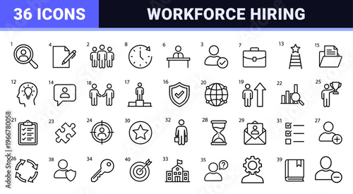 Human Resources and Recruitment Minimalist Monoline Icons for Talent Acquisition, Workforce Management, and Corporate Hiring UI Design.