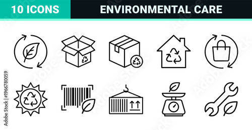 Recycling and Environmental Sustainability Thin Line Icons Featuring Eco Friendly Waste Management and Circular Economy Symbols in Monoline Style
