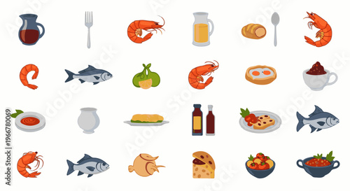 Assorted pixel art food icons including seafood, fruits, bread, and drinks
