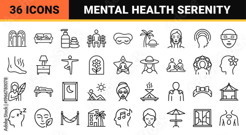 Wellness and Relaxation Minimalist Monoline Icon Set, Geometric Line Art for Spa, Mental Health, and Serenity Digital Interface Design