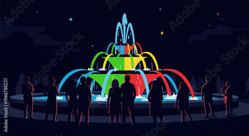 Colorful fountain illuminated at night with silhouetted people observing