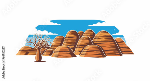 Desert landscape with stylized sandstone formations and a lone, leafless tree