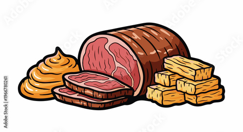Delicious roast meat with slices, mustard, and potato wedges