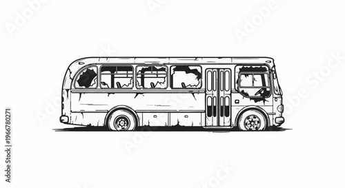 Detailed black and white illustration of a dilapidated bus with broken windows and worn exterior