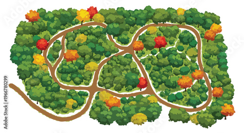 Cartoon forest maze vector map, green woodland labyrinth with winding paths and colorful trees, nature puzzle illustration for games and kids