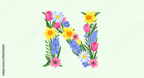 Letter N formed by colorful spring flowers on a pale green background