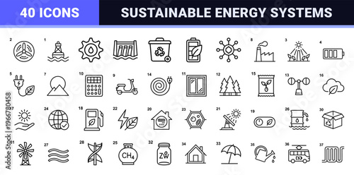 Sustainable Renewable Energy and Clean Technology Line Art: Minimalist Geometric Outline Symbols for Green Ecology and Environmental Power.
