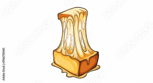A stylized cartoon block of cheese oozing golden strands, dripping onto a base