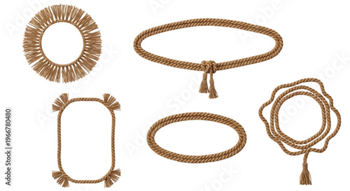 Various decorative frames and borders crafted from natural jute rope and tassels.