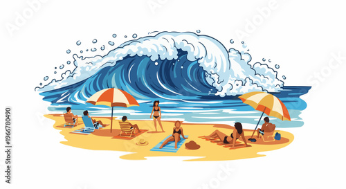 People relax on a sandy beach as a massive wave looms in the background