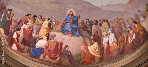 MONZA, ITALY - MARCH 19, 2026: The fresco in the main apse Jesus at the Sermon on the Mount in the church Chiesa San Gerardo al Corpo by Gaetano Barabini (1857)