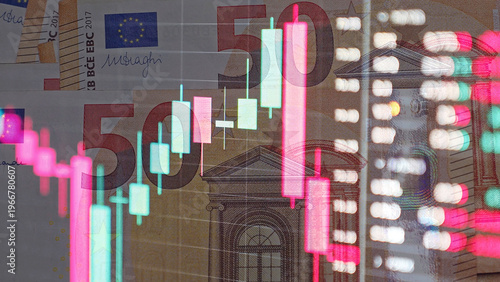Foto Euro Banknote Overlaid With Red Green Candlestick Chart