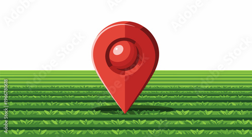Red map pin marker placed on a stylized green field with white background