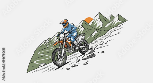 Rider on dirt bike descends rocky mountain trail with sun setting behind peaks