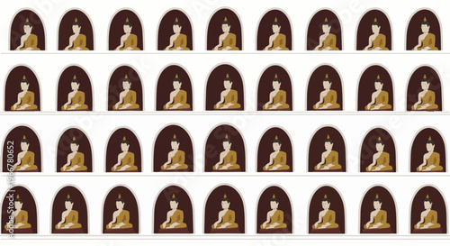 Rows of golden Buddha statues in arched niches, repeated pattern