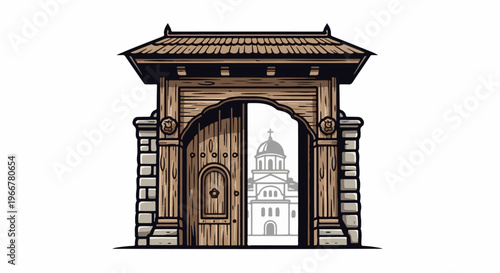 Rustic wooden gate opens to reveal a silhouetted church dome and facade