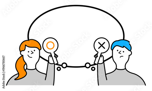○×の札を持つ男女と大きな吹き出し枠で構成したテキストスペース付き対比イラスト
