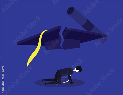 Frustrated student crawling under a broken graduation cap and diploma. Concept of academic pressure, failure, and educational stress. Flat design illustration of graduation struggle.