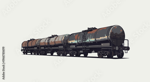 Rusty cylindrical rail cars lined up in a row