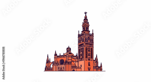 Stylized illustration of a grand historical cathedral with a tall bell tower