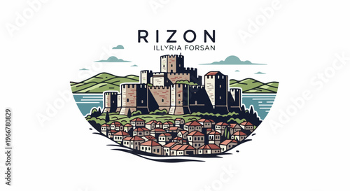 Stylized medieval fortress overlooking a quaint coastal town and serene bay