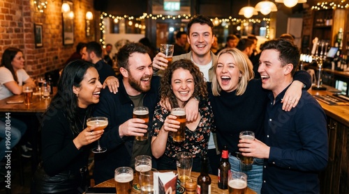A group of five friends laughing and enjoying drinks together at a lively bar with warm lighting and a festive atmosphere.