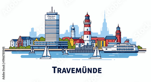 Stylized waterfront cityscape with lighthouses, boats, and a ferry