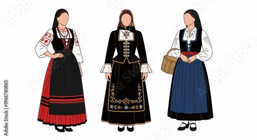 Three women in traditional folk costumes, one with a basket