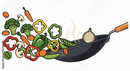 Vegetables being stir-fried in a wok, with steam rising