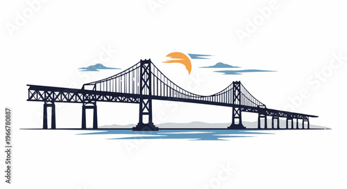 A stylized suspension bridge spans a body of water under a crescent sun