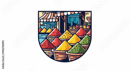 Vibrant spice market stalls filled with colorful conical mounds of powders