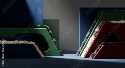 Abstract geometric shapes, dark color palette, modern design concept.