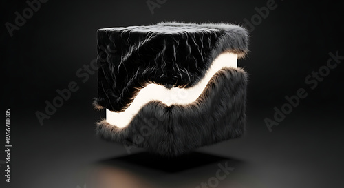 Dark, textured cube with a glowing, abstract light element.