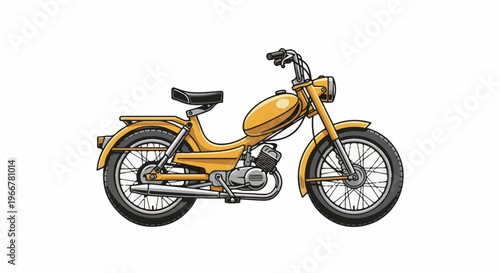 Vintage yellow moped with black seat, chrome accents and spoke wheels