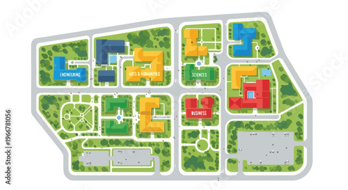 Isometric city map vector illustration, colorful urban district plan with parks and blocks, simplified town layout for navigation, planning, infographic