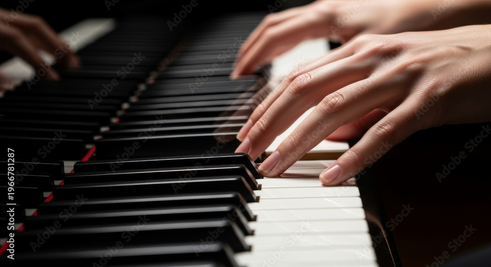 Fototapeta premium Woman's fingers pressing piano keys