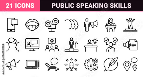 Rhetoric and Public Speaking Minimalist Monoline Icon Set Featuring Geometric Line Art for Communication and Oratory Skills