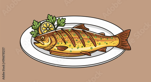 A whole cooked fish, garnished with lemon and parsley, rests on a plate
