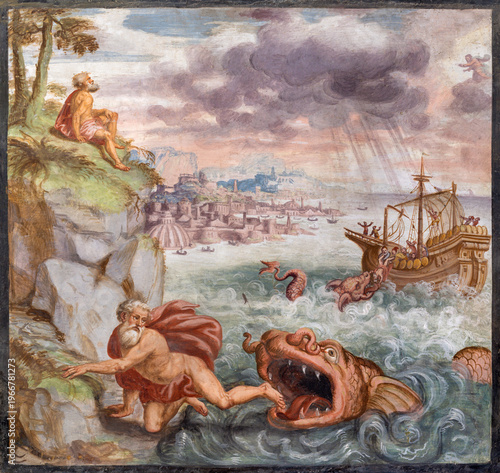 BERGAMO, ITALY - MARCH 21, 2026: The fresco of prophet Jonah in the church Michele al Pozzo Bianco by Lucano da Imola detto Gaggio (1550). 