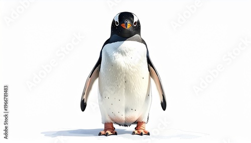 Cute realistic penguin standing upright, slightly smiling expression, centered composition, isolated on white background, soft lighting, clean shadow, high detail, 8K commercial stock image