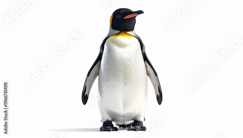 Cute realistic penguin standing upright, slightly smiling expression, centered composition, isolated on white background, soft lighting, clean shadow, high detail, 8K commercial stock image