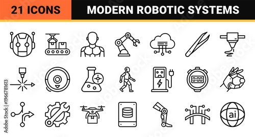 Robotics and Artificial Intelligence Thin Line Art Bundle, Minimalist Monoline Cybernetic Symbols for Future Technology and Automation