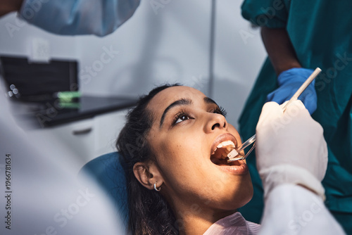 Canvas Print Dentist, mouth mirror and person with exam, checkup or cavity assessment in oral care
