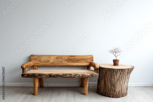 Rustic wooden bench sits beside a unique tree stump side table.