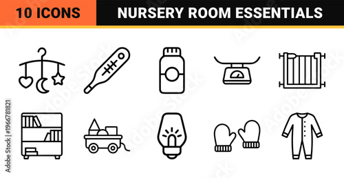 Minimalist Baby Nursery and Toddler Room Essentials Line Art Set. Clean Geometric Outline Symbols for Infant Care and Child Development.